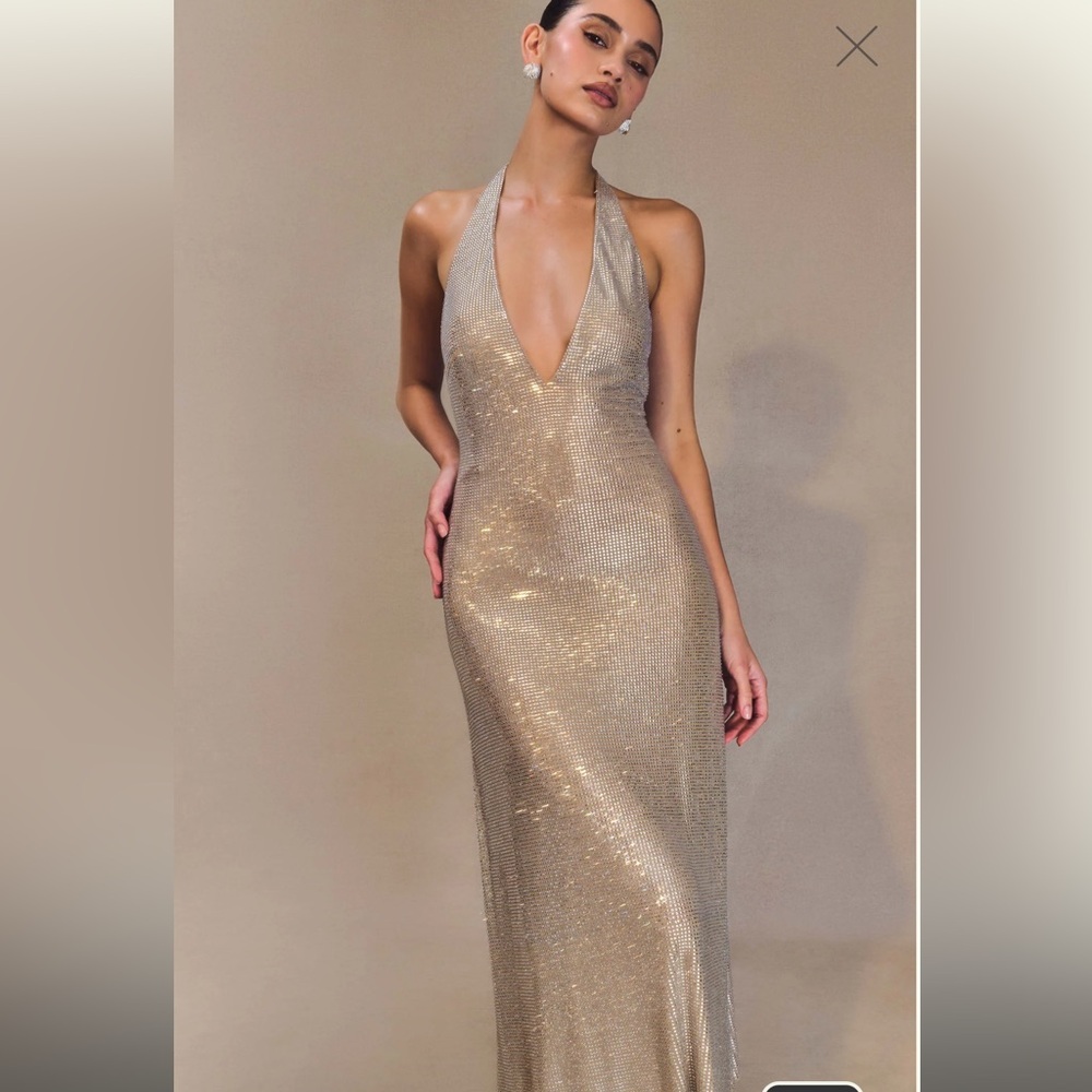 Meshki Diamante Halter Midi Dress - Nude